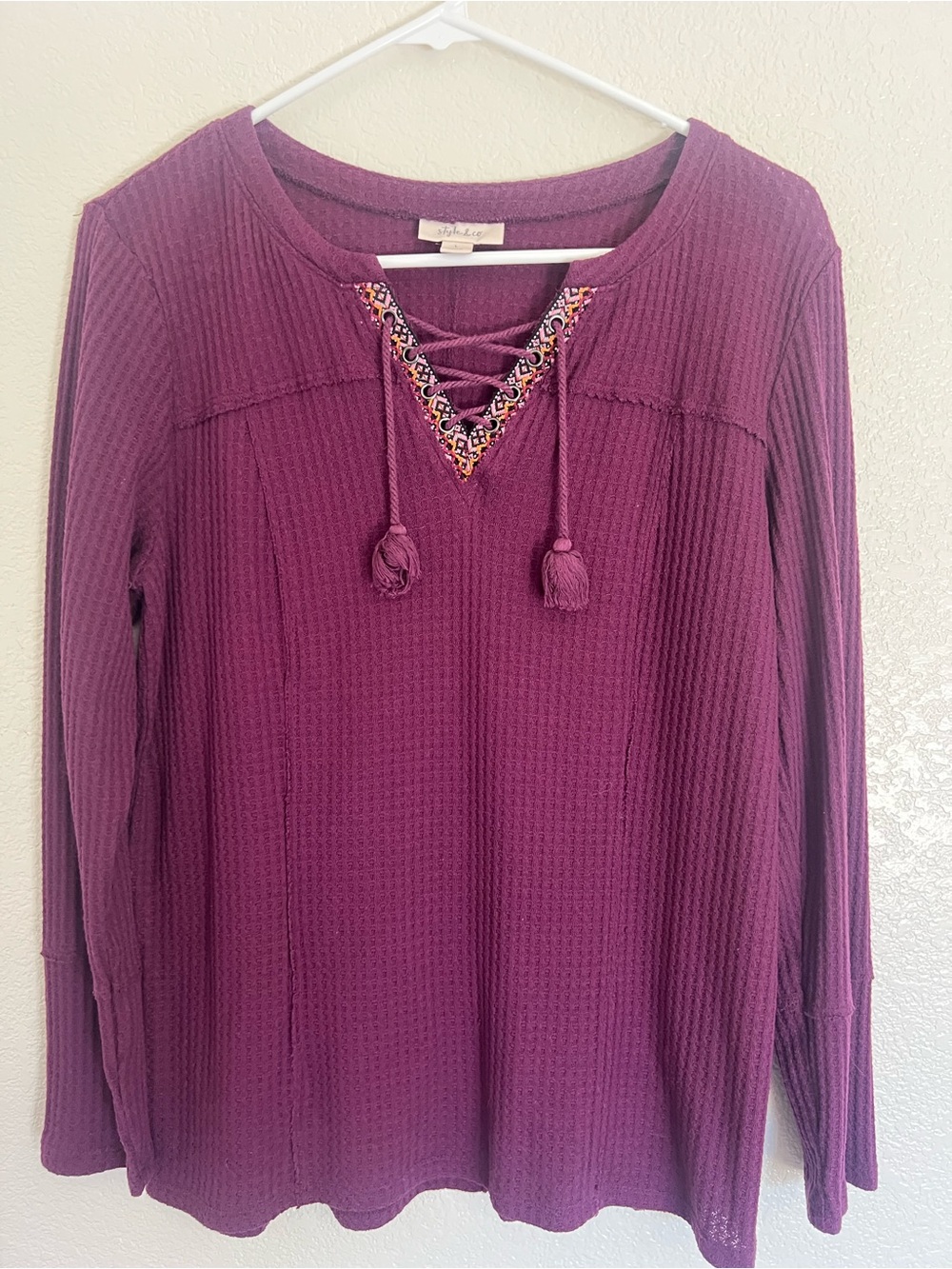Style & Co. Plum Lace-Up Waffle Knit Long Sleeve Top